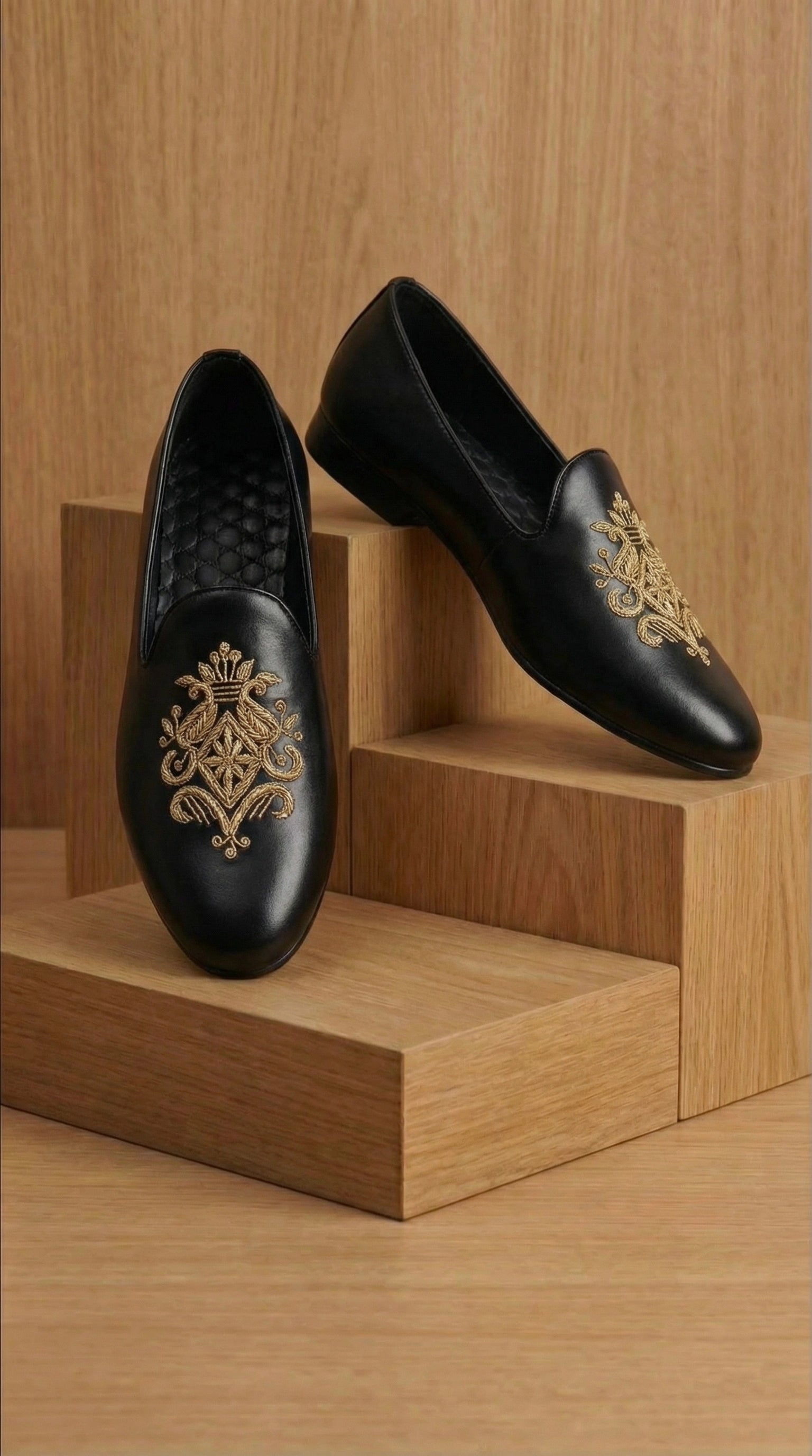 Black Leather Mojdi Shoes with Gold Royal Embroidery | Dresswala NX