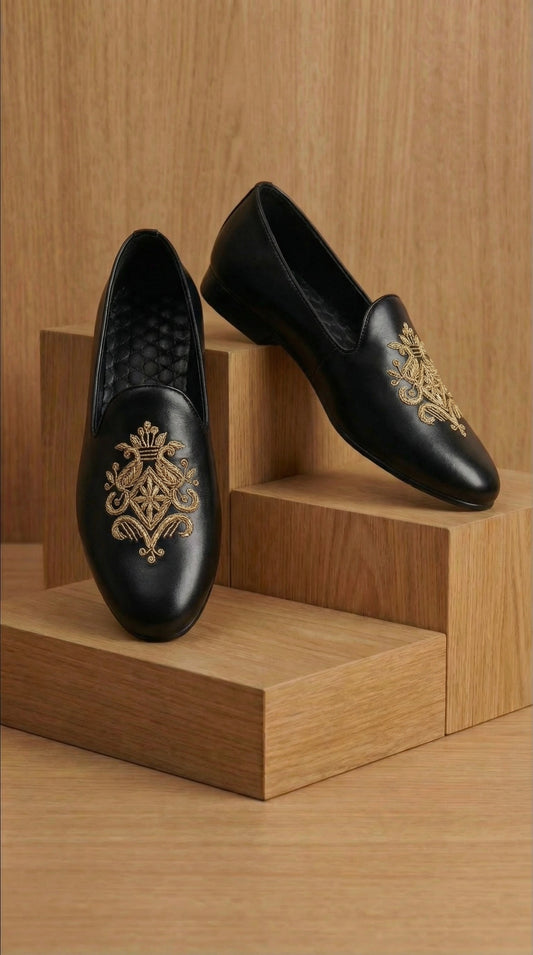Black Leather Mojdi Shoes with Gold Royal Embroidery | Dresswala NX