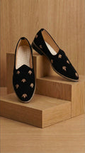 Black Velvet Mojdi Shoes with Gold Leaf Motifs | Dresswala NX