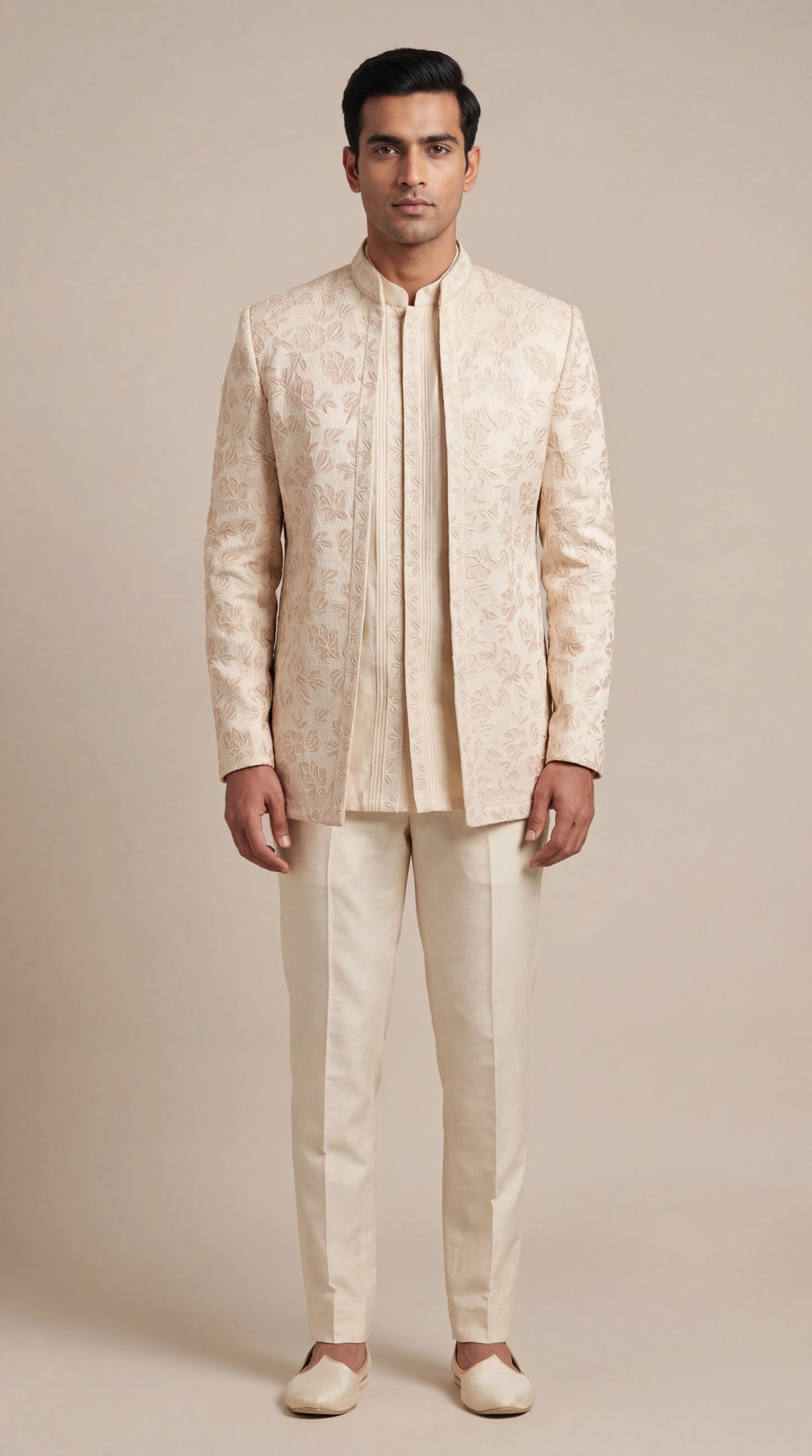 Ivory Jacquard Bandhgala Jacket Set | Dresswala NX