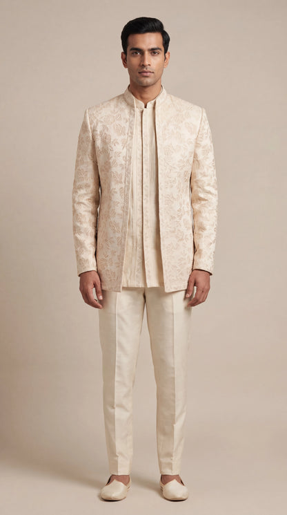 Ivory Jacquard Bandhgala Jacket Set | Dresswala NX