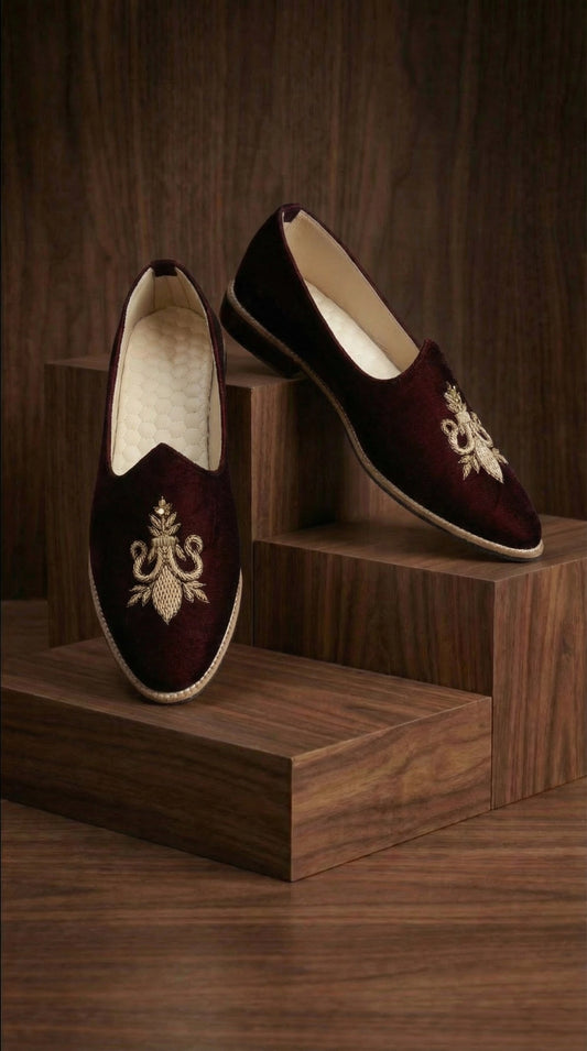 Wine Velvet Mojdi Shoes with Gold Embroidery | Dresswala NX