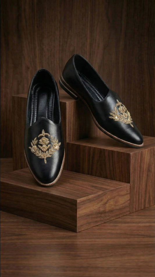 Black Leather Mojdi Shoes with Gold Floral Crest | Dresswala NX