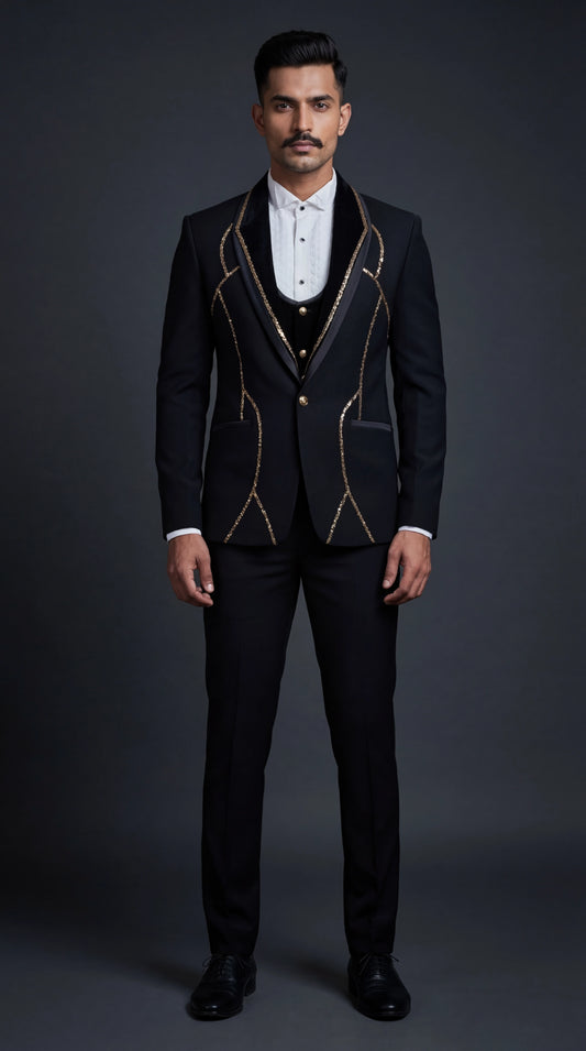 Black Suit with Gold Piping for Men | Dresswala NX