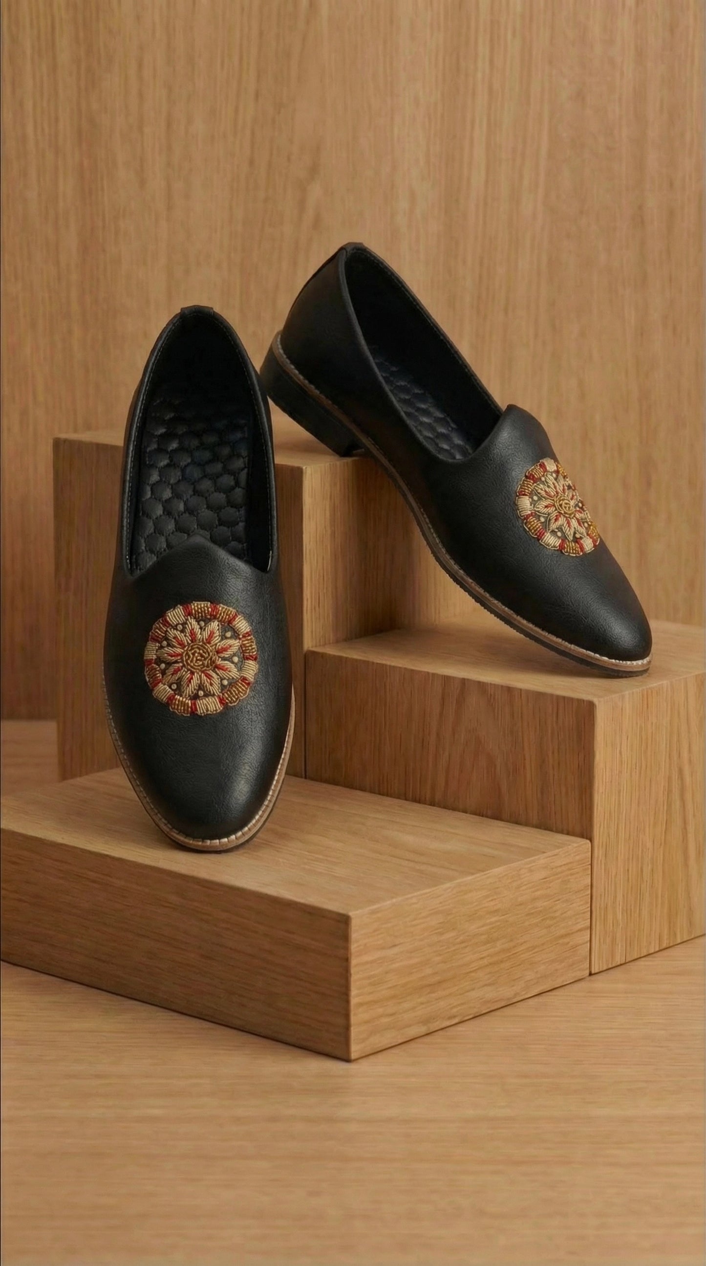 Black Leather Mojdi Shoes with Multicolor Medallion | Dresswala NX