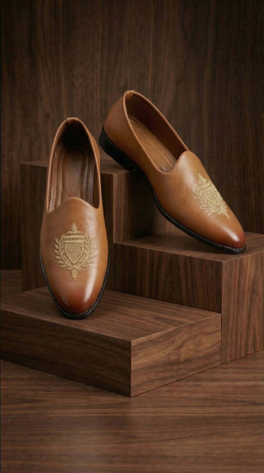 Tan Leather Mojdi Shoes with Gold Crest Motif | Dresswala NX