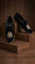 Black Velvet Mojdi Shoes with Gold Wreath Motif | Dresswala NX