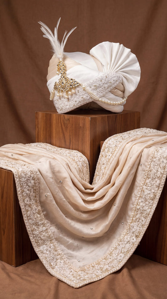 Cream Wedding Safa with Pearl Kalgi | Groom Accessories Set