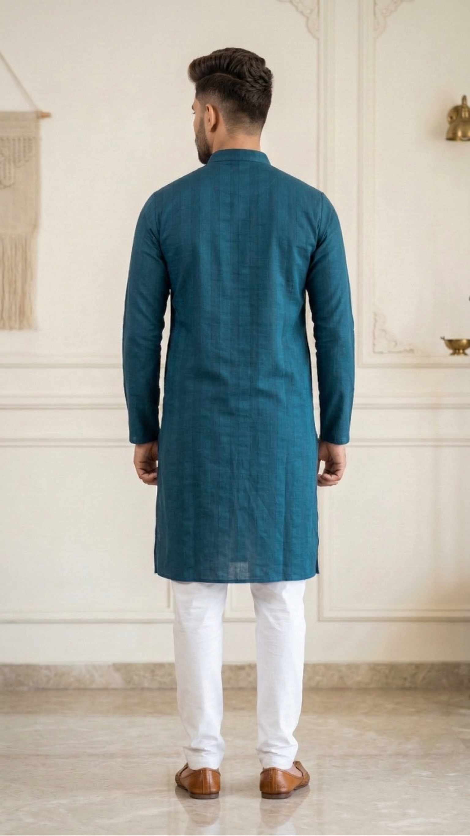 Men’s Teal Blue Textured Cotton Kurta – Slim Fit Mandarin Collar