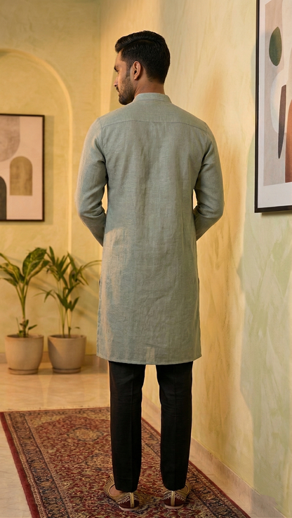 Men’s Sage Green Linen Kurta | Contemporary Ethnic Wear – Dresswala NX