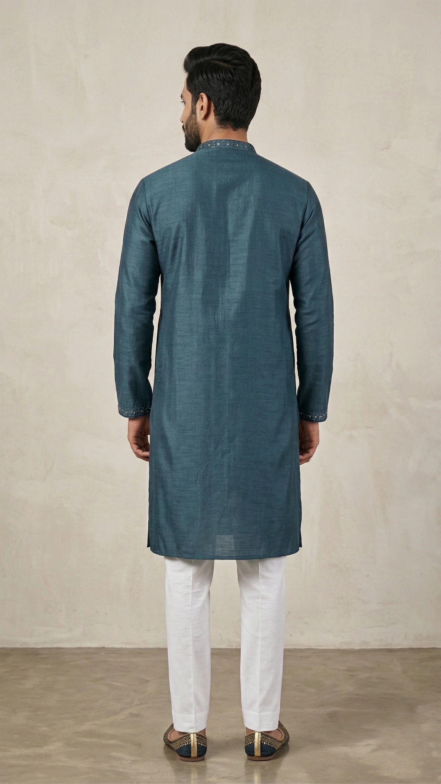 Teal Blue Kurta for Men with Embroidered Placket | Dresswala NX