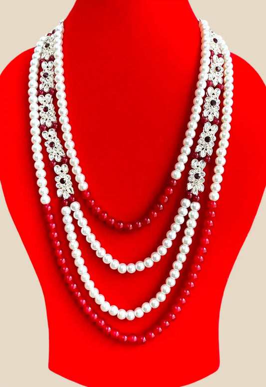 Royal Red & White Pearl Layered Necklace with Floral Crystal Accents