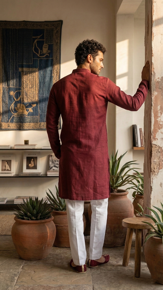 Maroon Linen Kurta