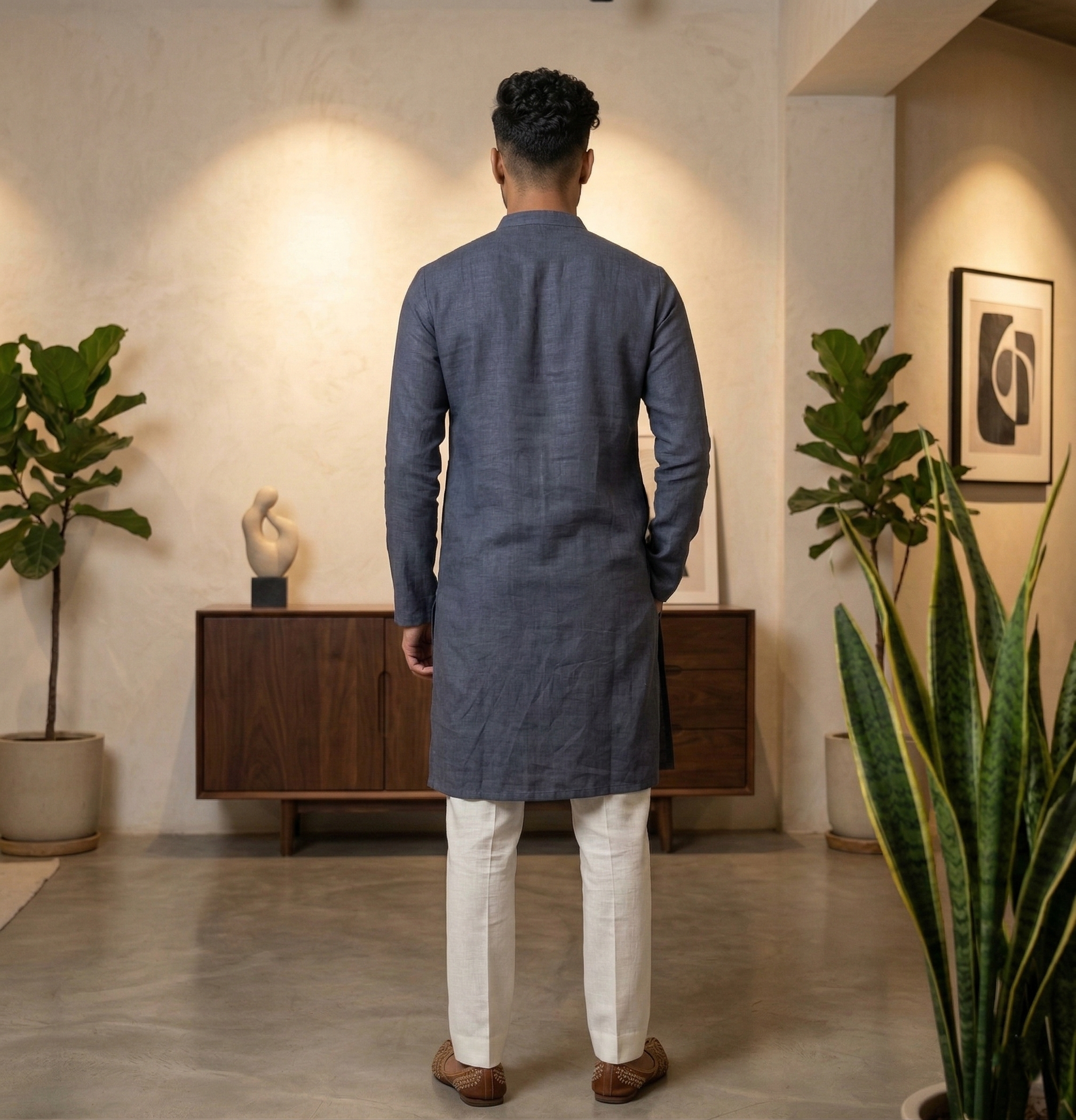 Men’s Gunmetal Blue Linen Kurta | Contemporary Ethnic Wear – Dresswala NX