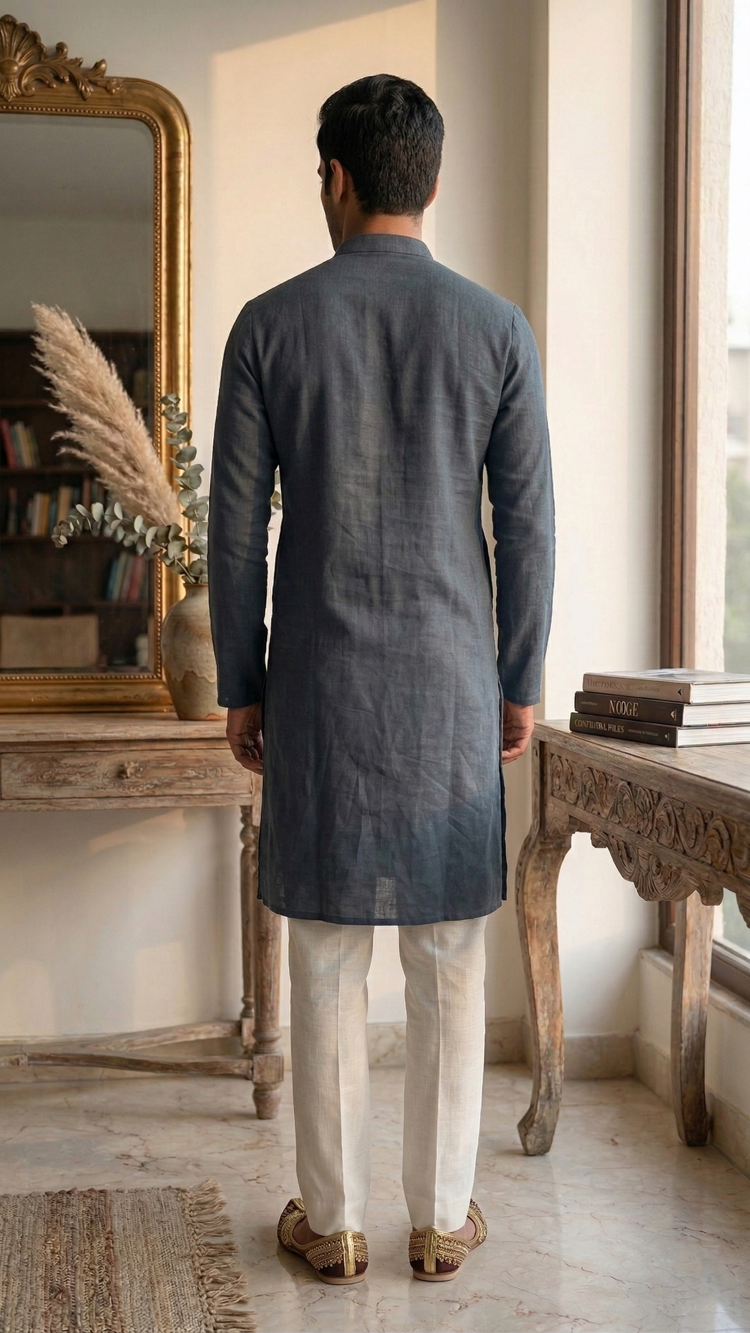 Men’s Steel Grey Linen Kurta | Contemporary Ethnic Wear – Dresswala NX