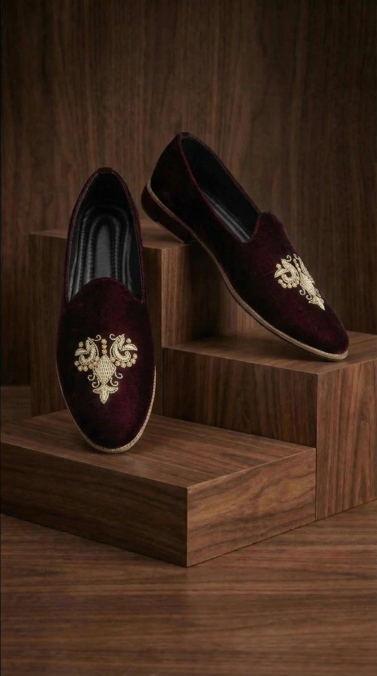 Wine Velvet Mojdi Shoes for Men | Hand-Embroidered Wedding Footwear – Dresswala NX