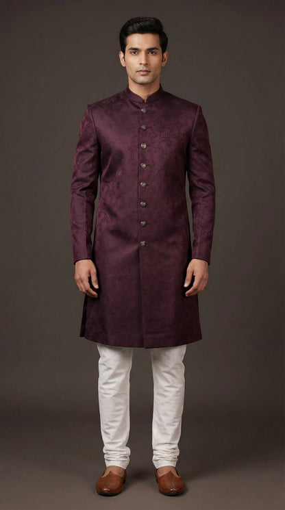 Wine Jacquard Indo-Western Sherwani for Men | Dresswala NX