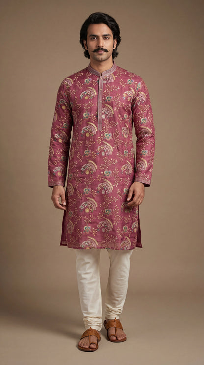 Men’s Wine Floral Printed Kurta | Elegant Festive Wear – Dresswala NX