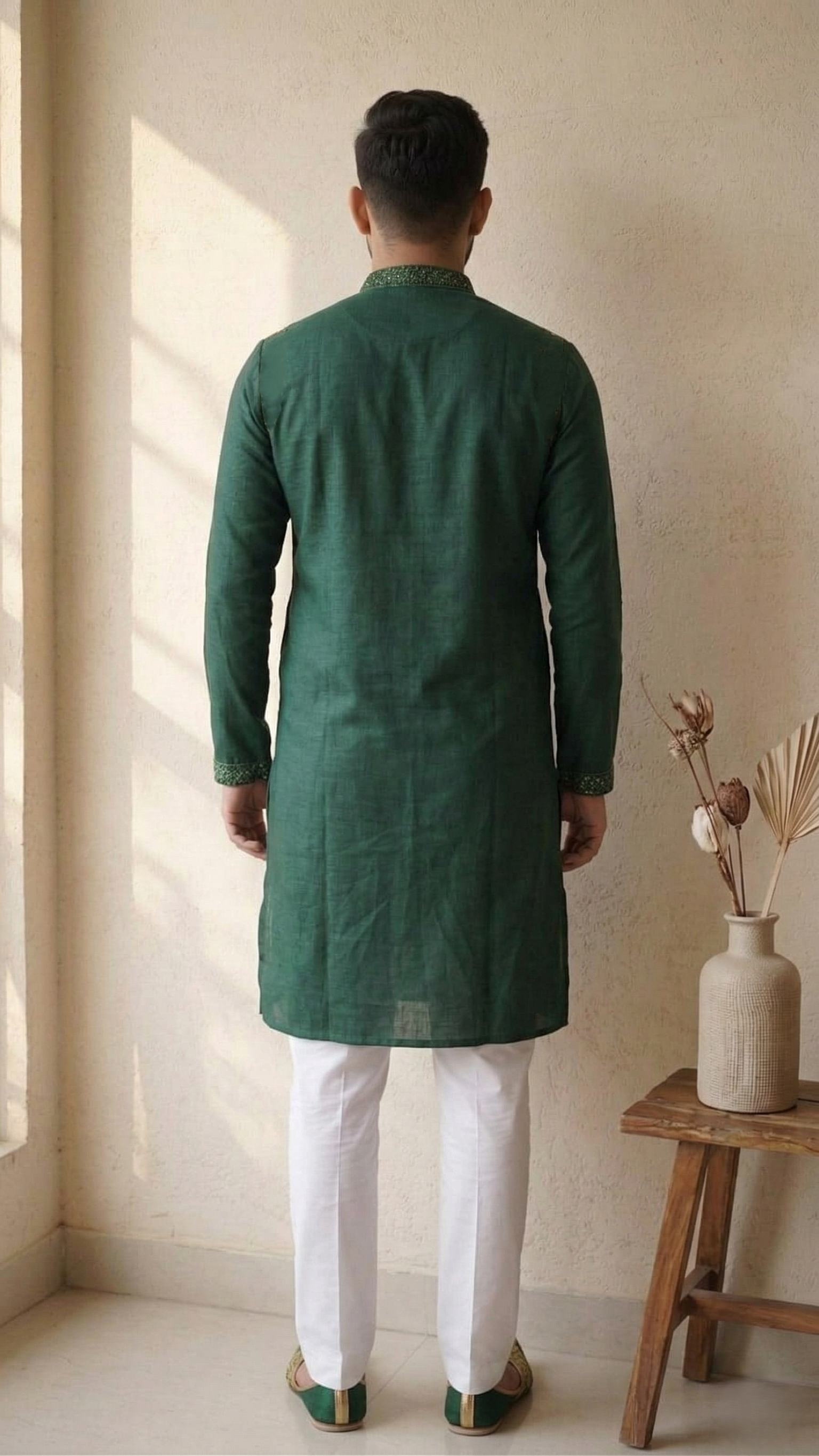 Men's Emerald Green Hand-Embroidered Cotton Kurta Set