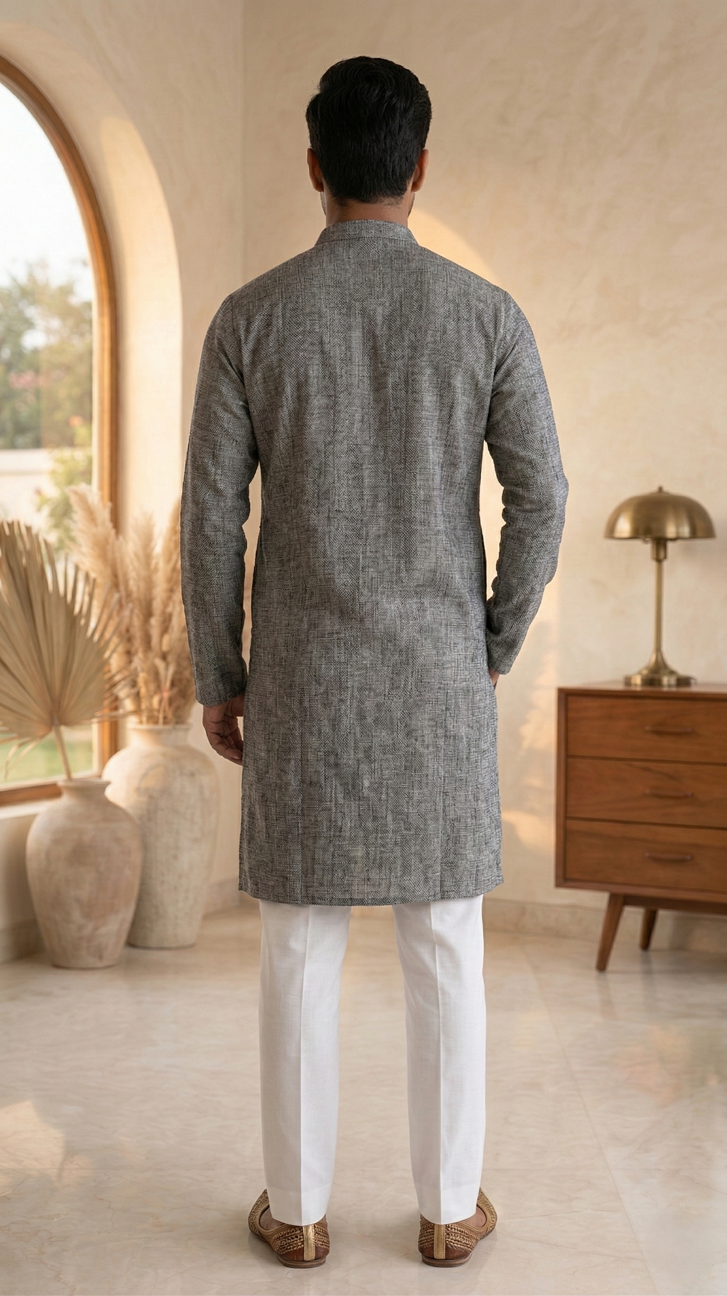 Dark Grey Textured Linen Kurta