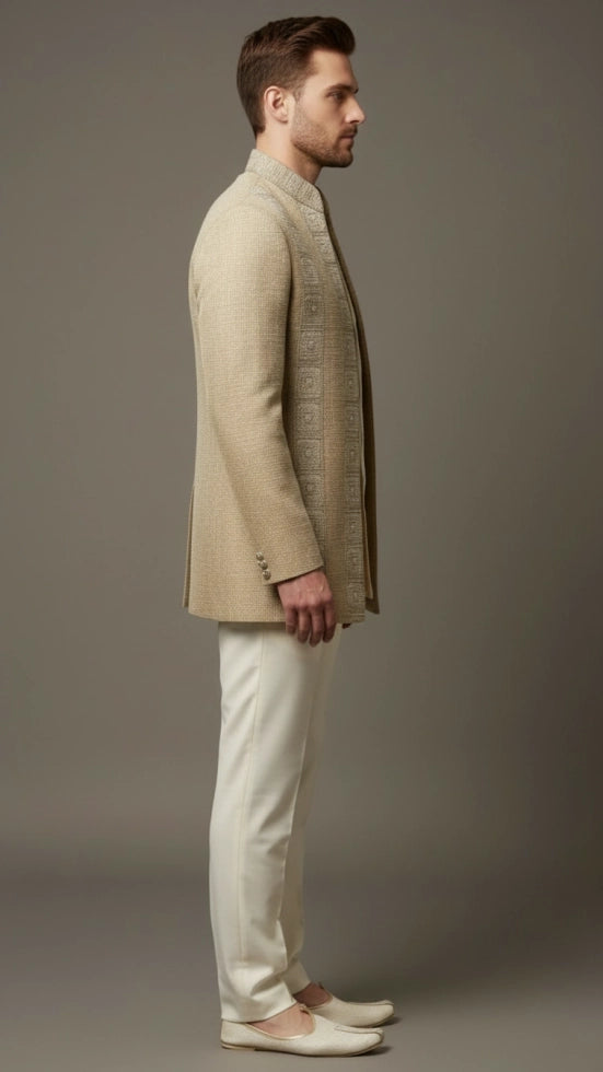 Beige Textured Bandhgala Jacket Set | Dresswala NX