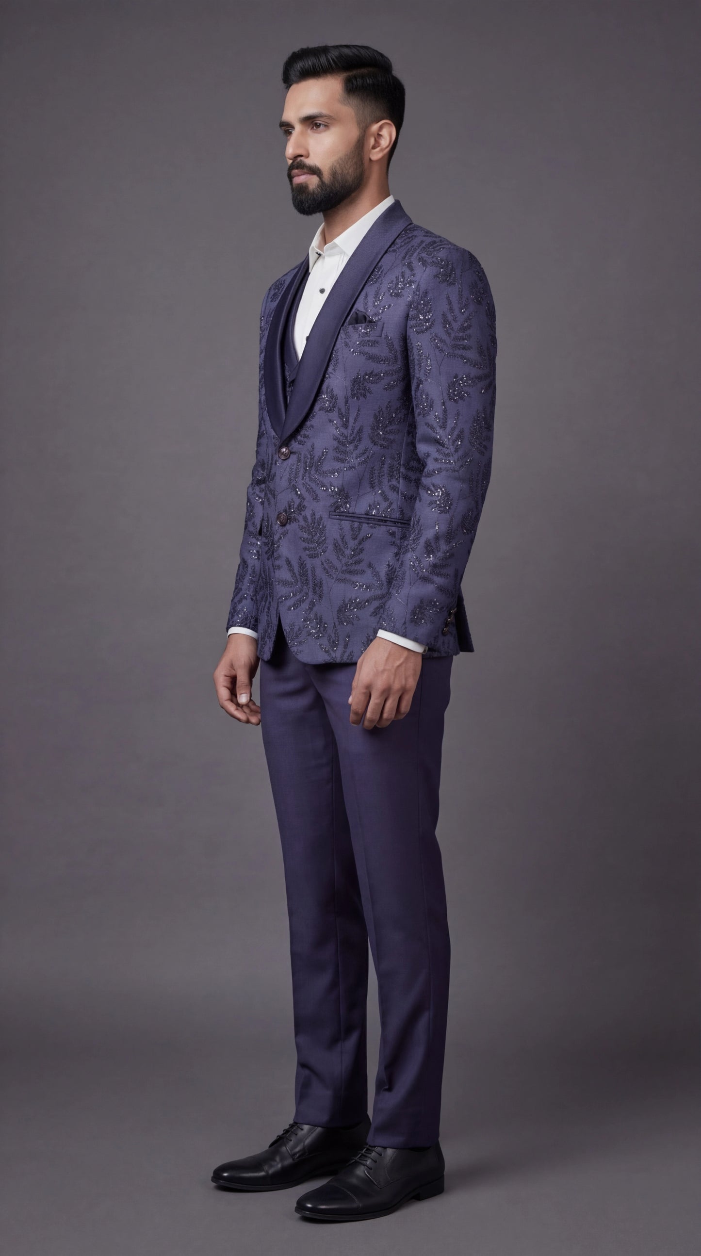 Navy Blue Textured Indo Western Suit for Men | Dresswala NX