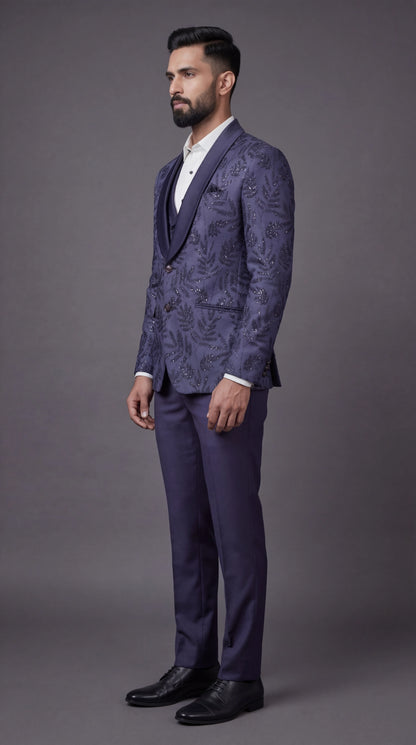 Navy Blue Textured Indo Western Suit for Men | Dresswala NX