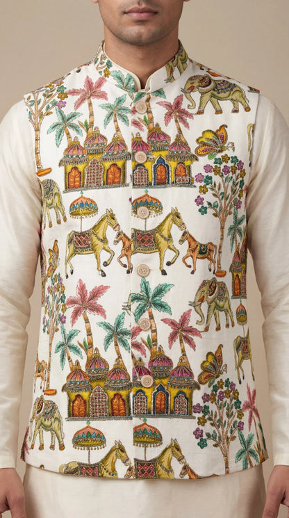 Ivory Heritage Print Waistcoat for Men | Dresswala NX
