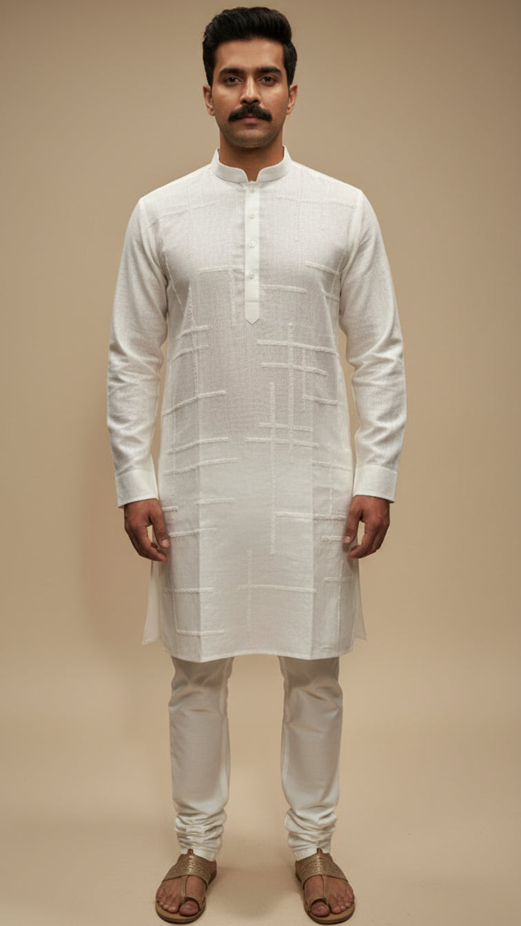 Men’s Ivory White Linen Kurta with Minimal Texture | Elegant Ethnic Wear – Dresswala NX