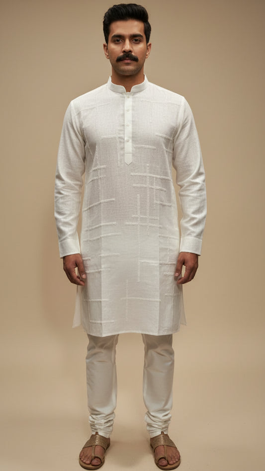 Men’s Ivory White Linen Kurta with Minimal Texture | Elegant Ethnic Wear – Dresswala NX