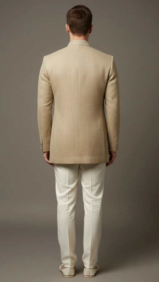 Beige Textured Bandhgala Jacket Set | Dresswala NX