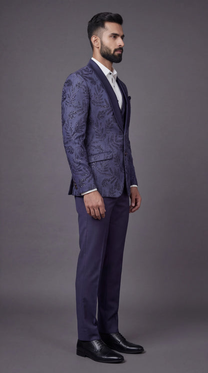 Navy Blue Textured Indo Western Suit for Men | Dresswala NX