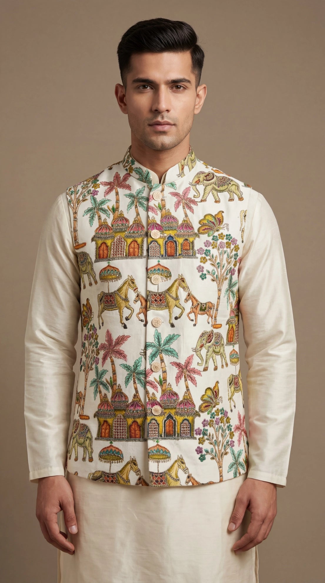 Ivory Heritage Print Waistcoat for Men | Dresswala NX