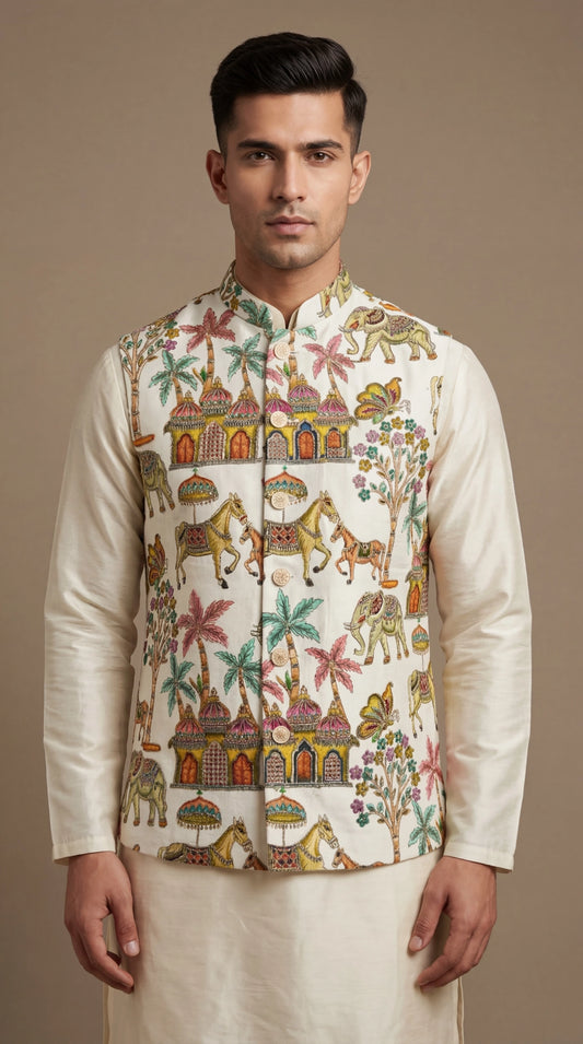Ivory Heritage Print Waistcoat for Men | Dresswala NX