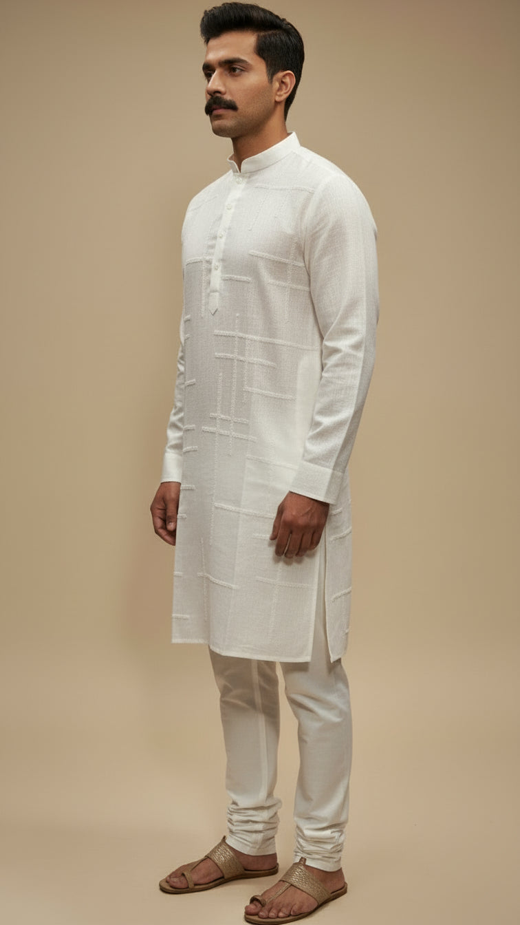 Men’s Ivory White Linen Kurta with Minimal Texture | Elegant Ethnic Wear – Dresswala NX