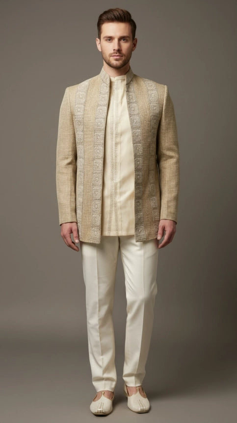 Beige Textured Bandhgala Jacket Set | Dresswala NX