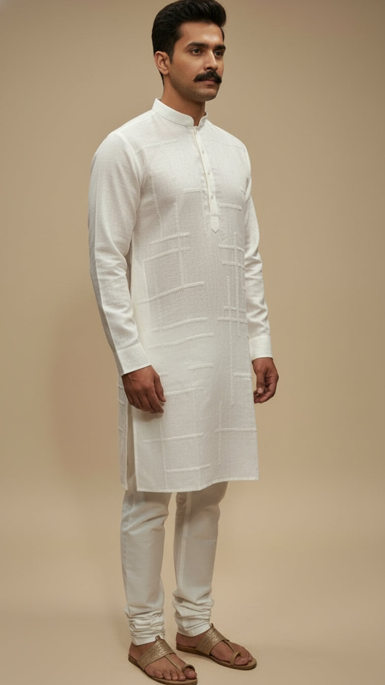 Men’s Ivory White Linen Kurta with Minimal Texture | Elegant Ethnic Wear – Dresswala NX