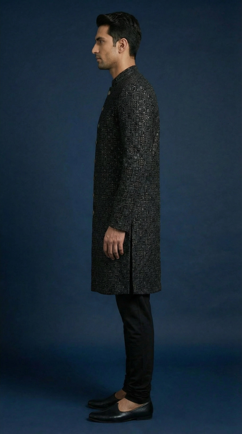Black Jacquard Indo-Western Sherwani for Men | Dresswala NX