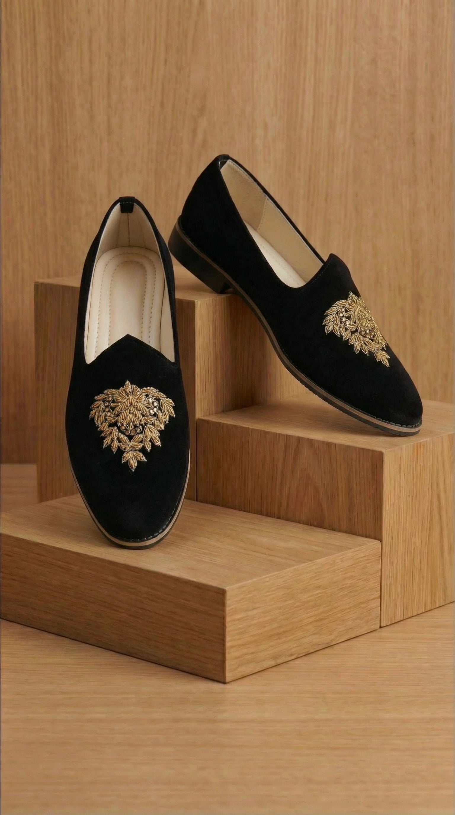 Black Velvet Mojdi Shoes with Gold Cluster Embroidery | Dresswala NX