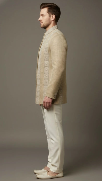 Beige Textured Bandhgala Jacket Set | Dresswala NX