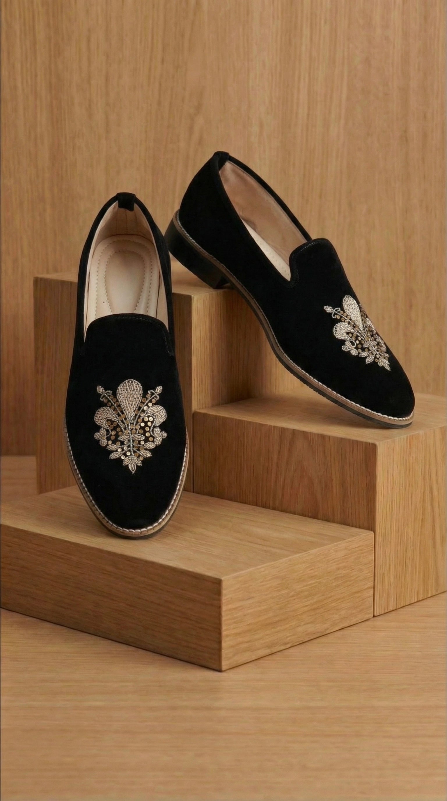 Fleurcrest Black Velvet Mojdi with Silver Motif | Dresswala NX
