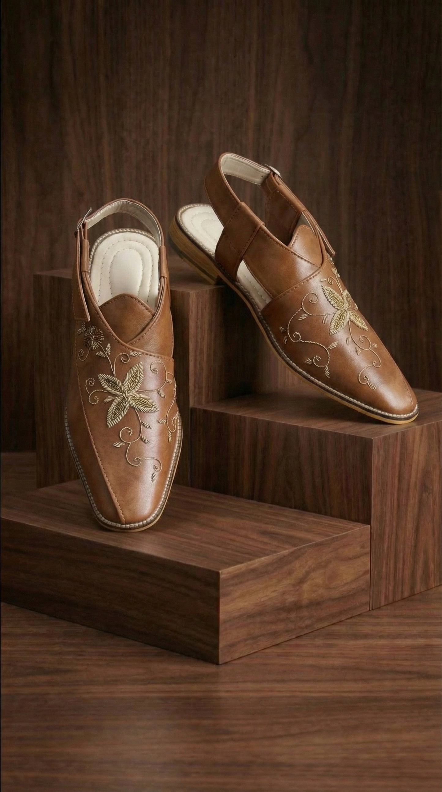 VineBloom Tan Leather Slingback Mojdi with Floral Embroidery | Dresswala NX
