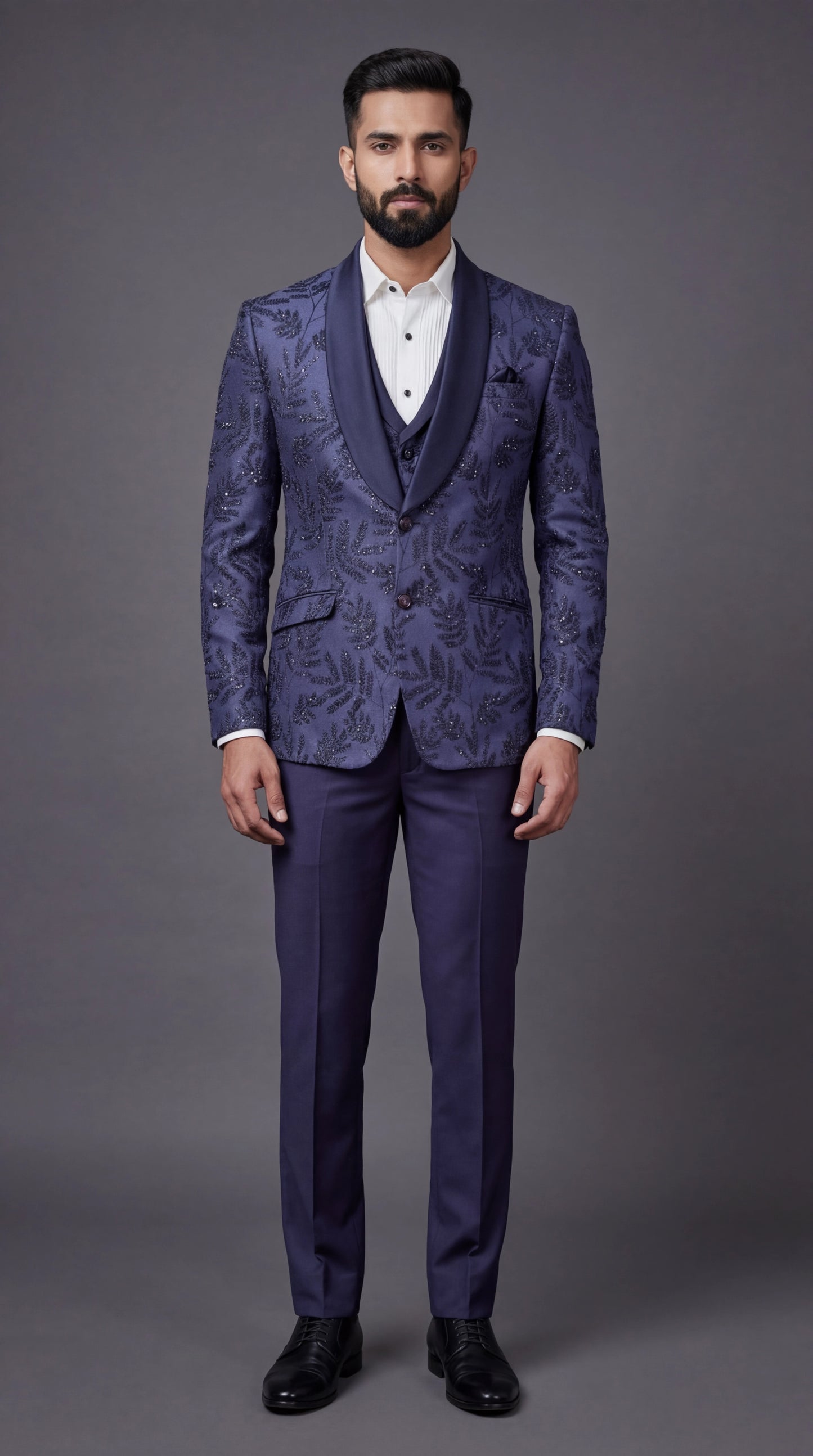 Navy Blue Textured Indo Western Suit for Men | Dresswala NX