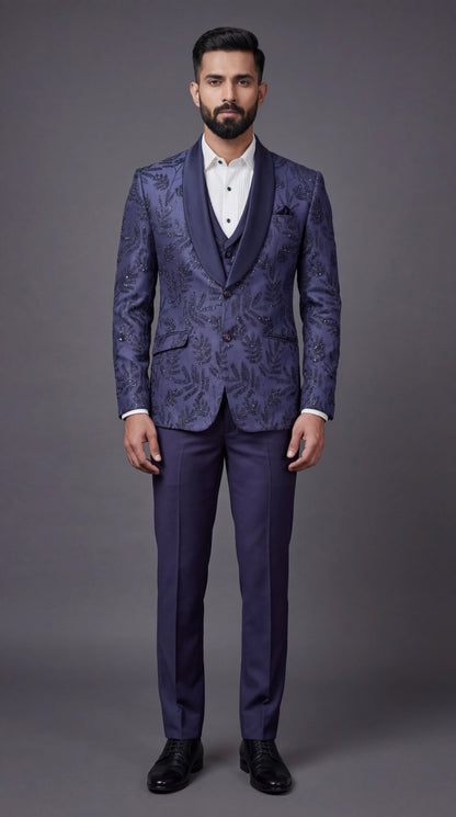 Navy Blue Textured Indo Western Suit for Men | Dresswala NX