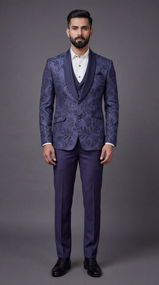 Navy Blue Textured Indo Western Suit for Men | Dresswala NX