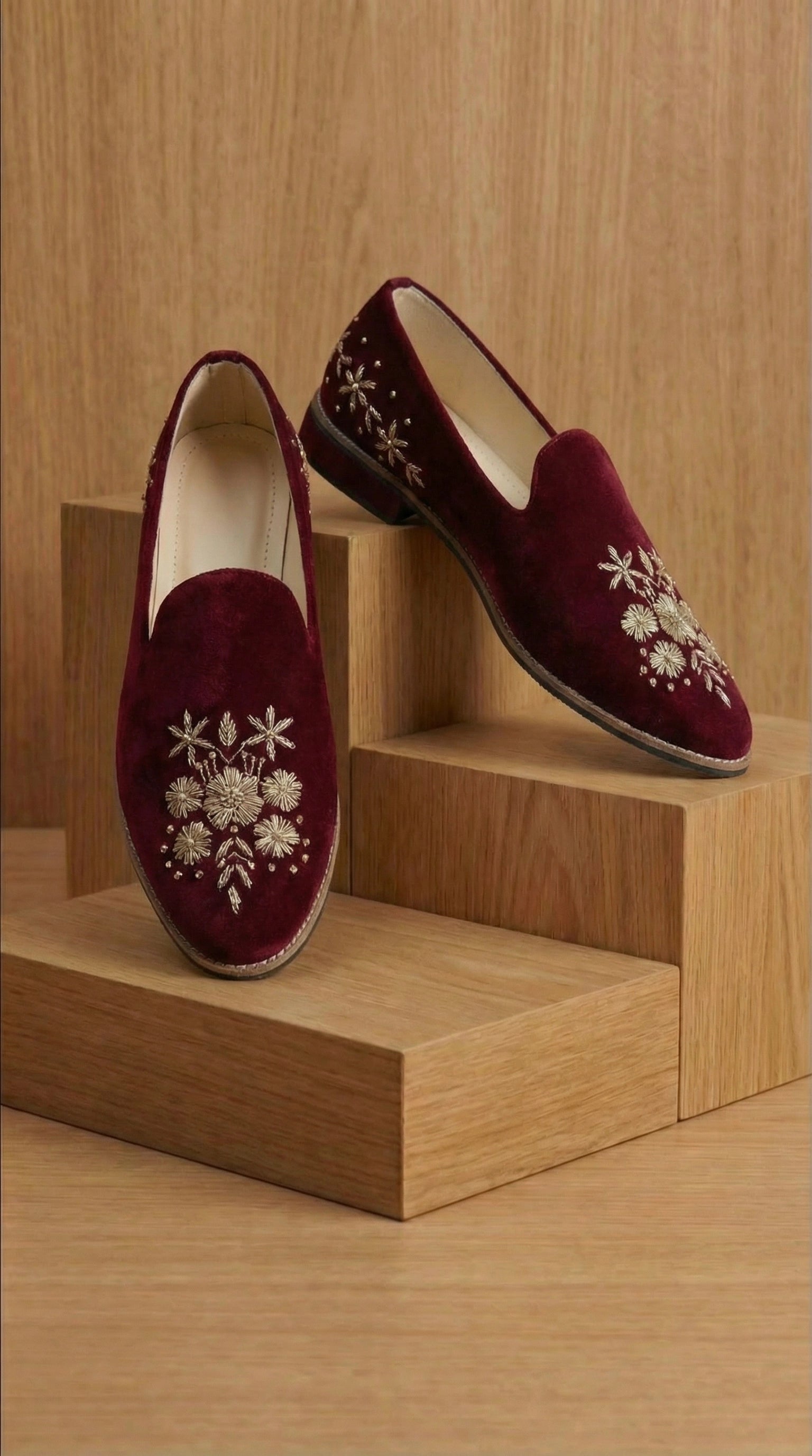 Maroon Velvet Mojdi Shoes with Gold Floral Embroidery | Dresswala NX