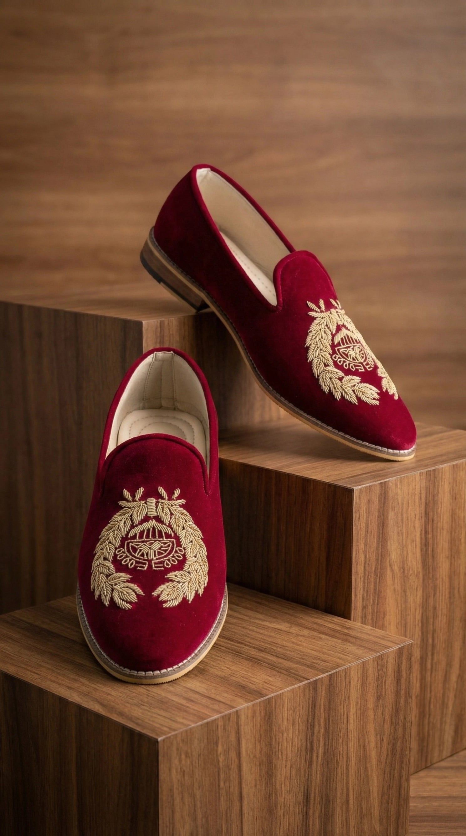 Maroon Velvet Mojdi Shoes with Gold Crest Embroidery | Dresswala NX
