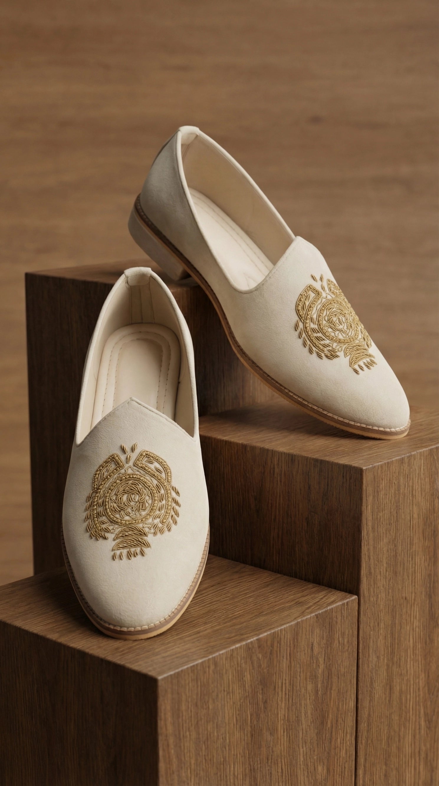Ivory Velvet Mojdi Shoes with Gold Medallion Embroidery | Dresswala NX