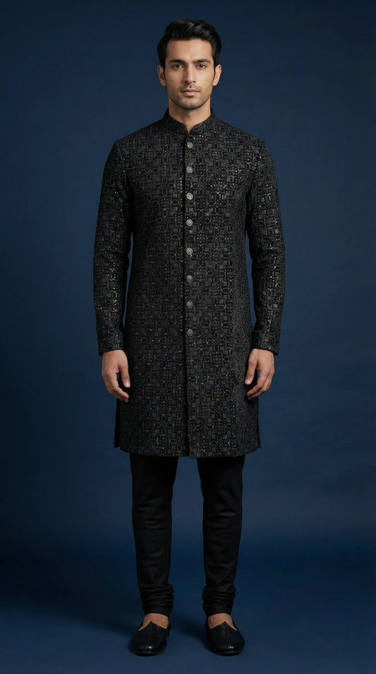Black Jacquard Indo-Western Sherwani for Men | Dresswala NX