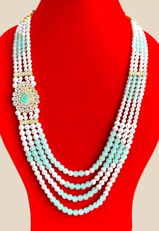 Mint Green & Pearl Multistrand Necklace with Kundan Pendant